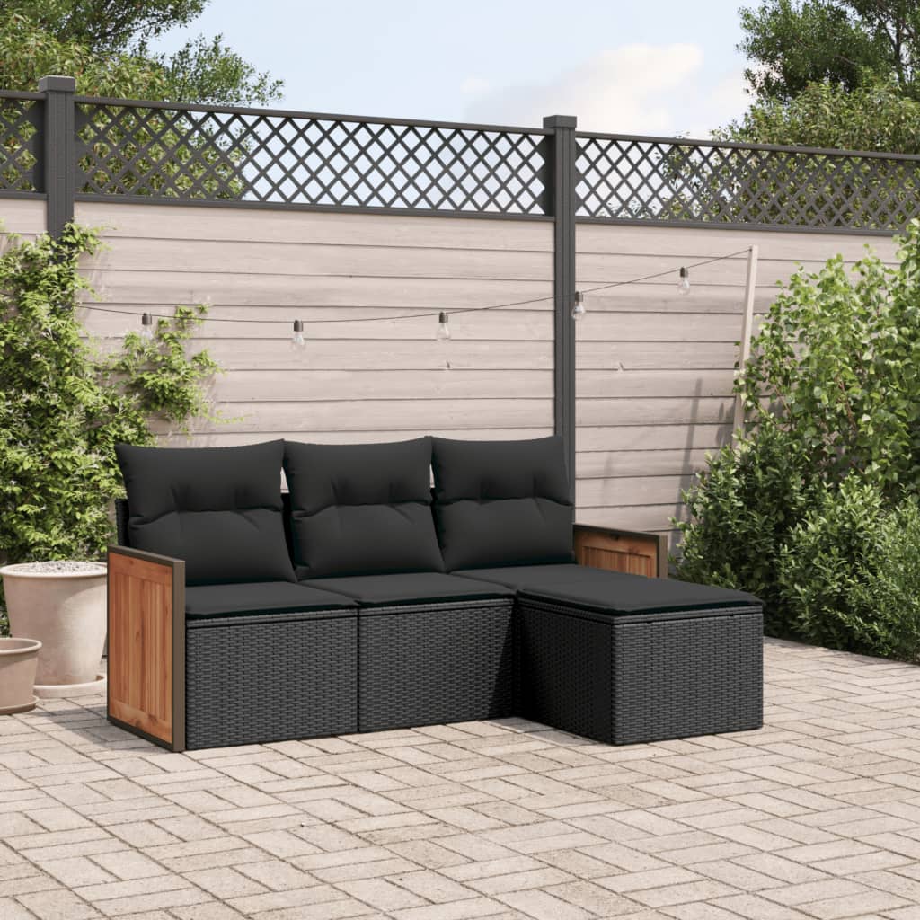 4 pcs conjunto de sofás para jardim c/ almofadões vime PE preto