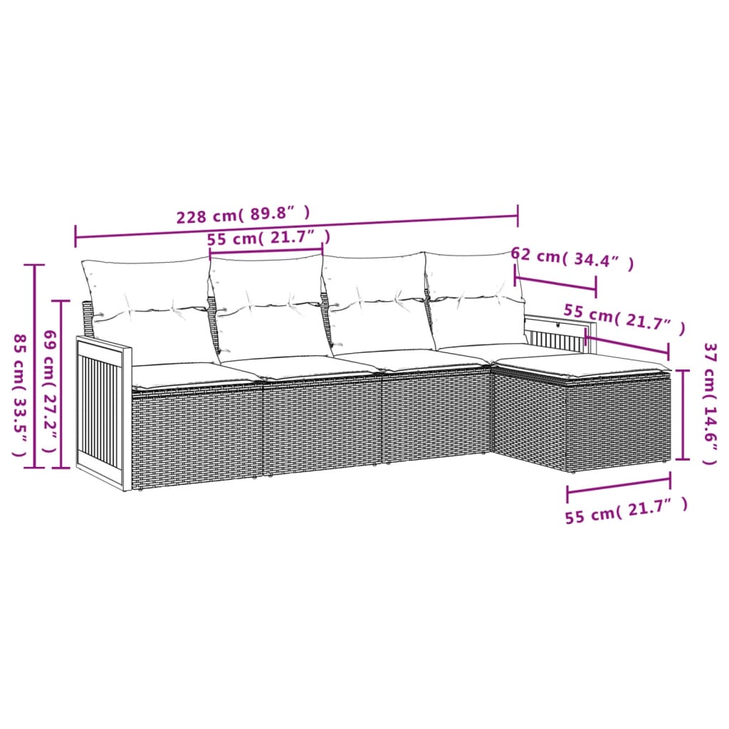 5 pcs conjunto sofás de jardim com almofadões vime PE preto