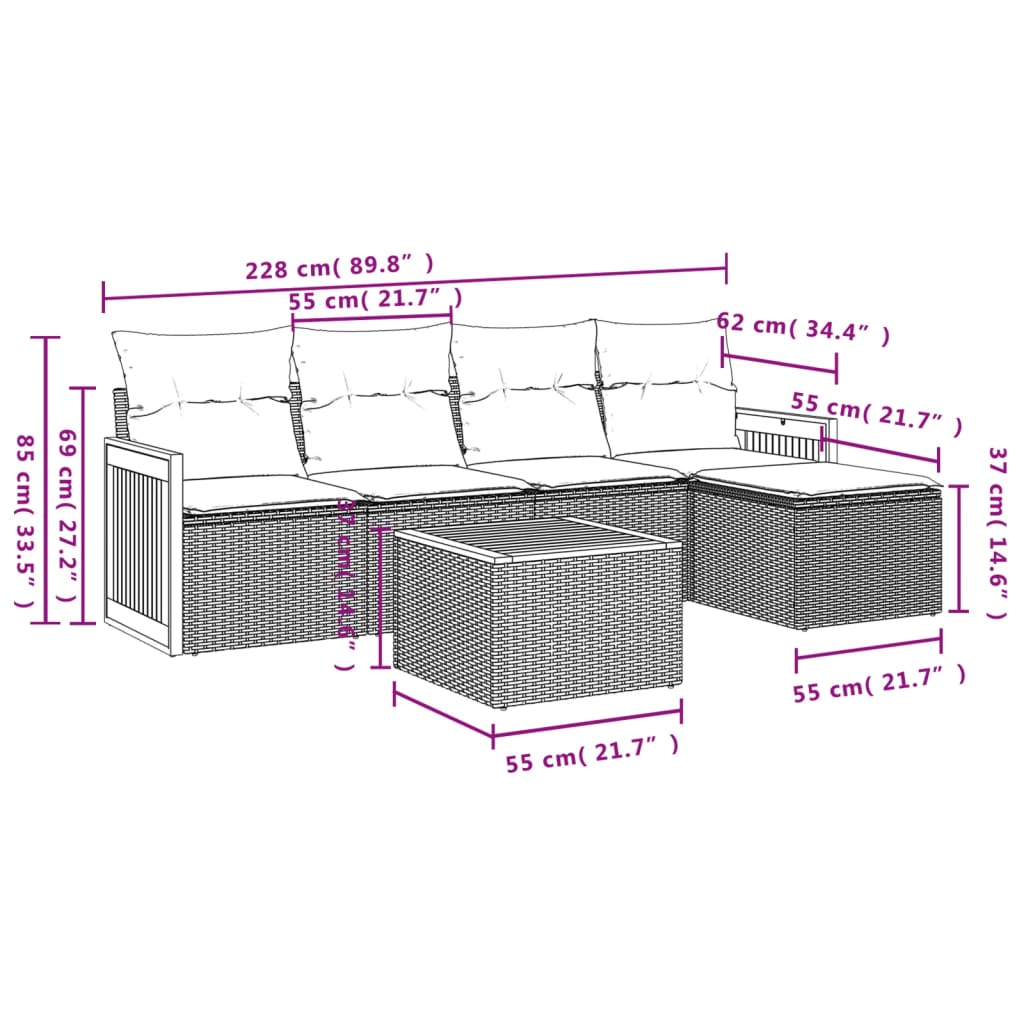 6 pcs conjunto sofás de jardim c/ almofadões vime PE preto