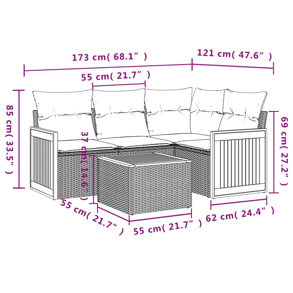 5 pcs conjunto sofás de jardim com almofadões vime PE preto