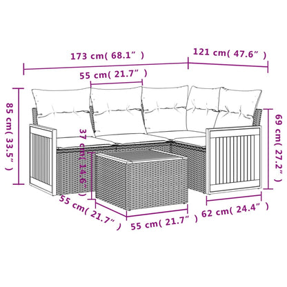 5 pcs conjunto sofás de jardim com almofadões vime PE preto