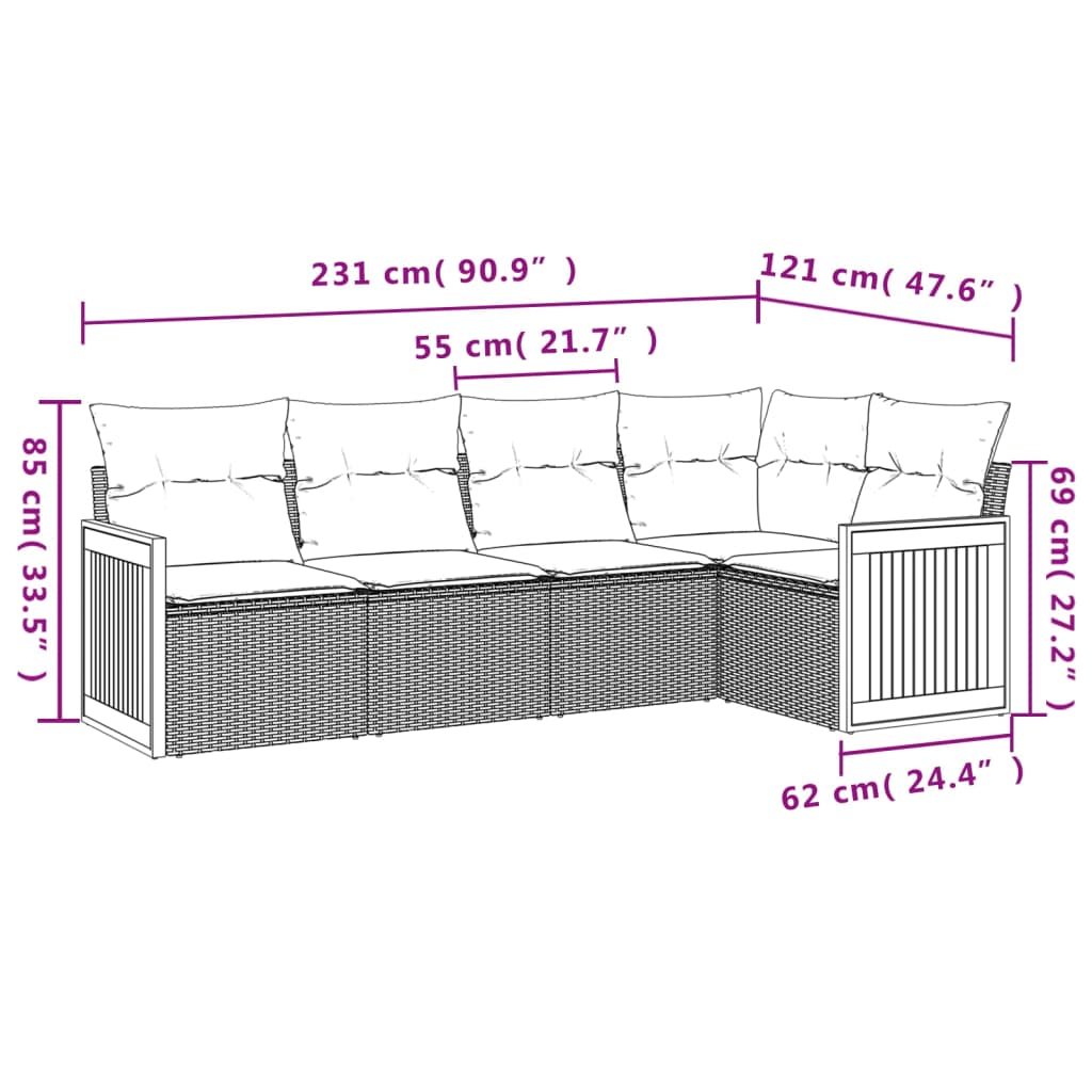 5 pcs conjunto sofás de jardim com almofadões vime PE preto