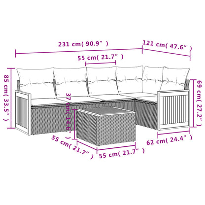 6 pcs conjunto sofás de jardim c/ almofadões vime PE preto