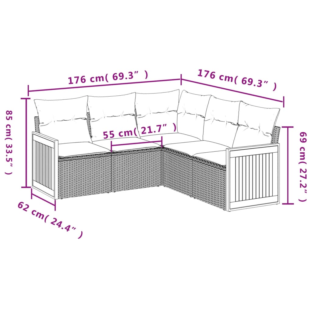 5 pcs conjunto sofás de jardim com almofadões vime PE preto