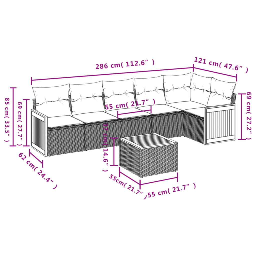 7 pcs conjunto de sofás p/ jardim c/ almofadões vime PE preto