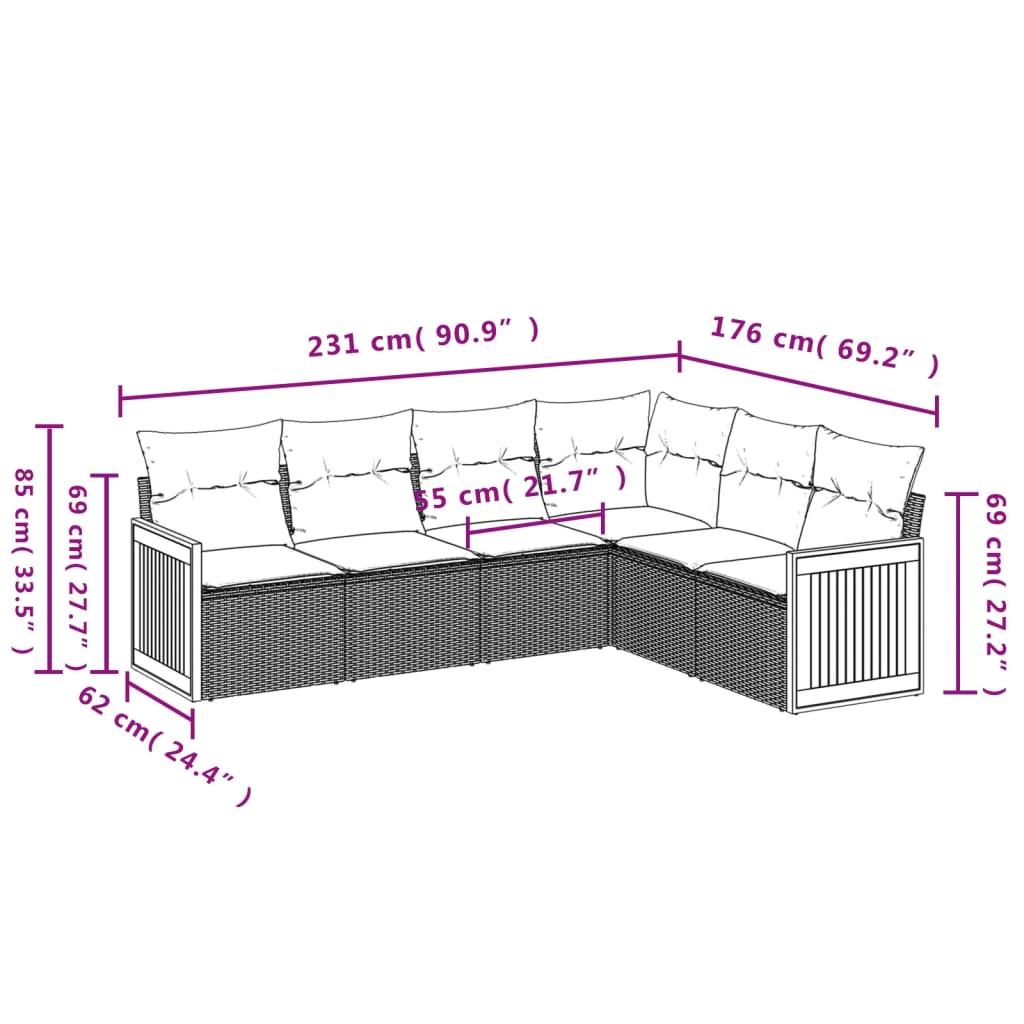 6 pcs conjunto sofás de jardim c/ almofadões vime PE preto