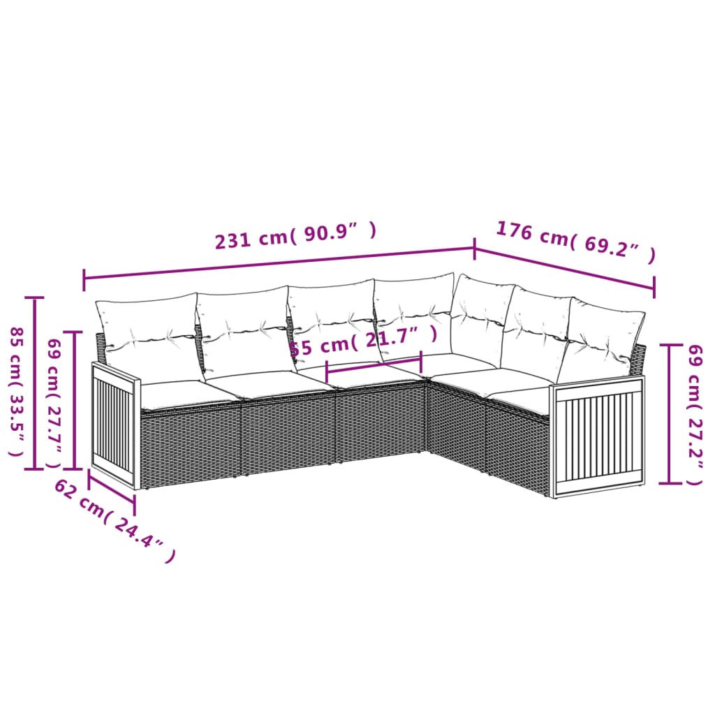 6 pcs conjunto de sofás p/ jardim com almofadões vime PE bege