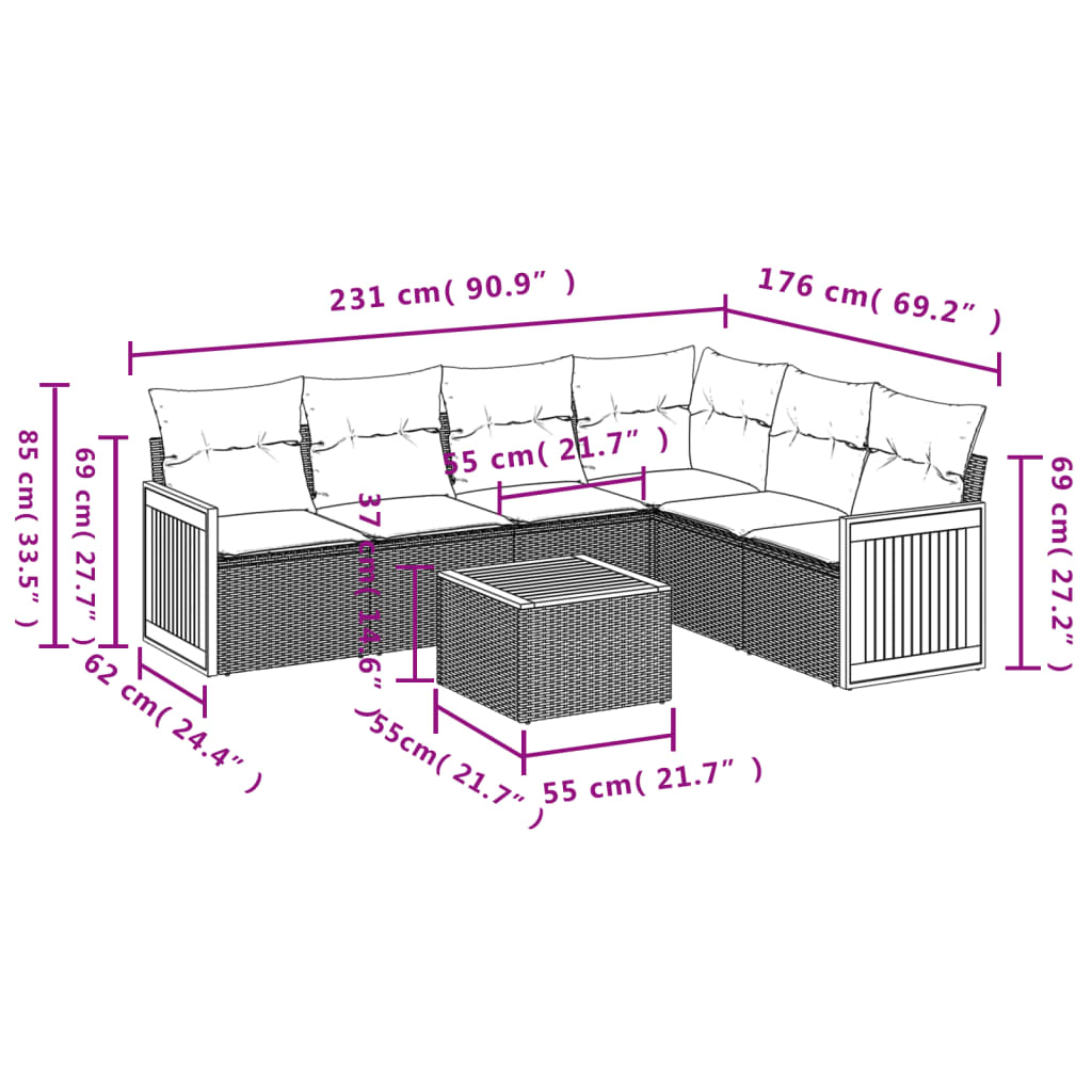 7 pcs conjunto de sofás p/ jardim c/ almofadões vime PE preto