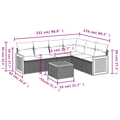 7 pcs conjunto de sofás p/ jardim c/ almofadões vime PE preto