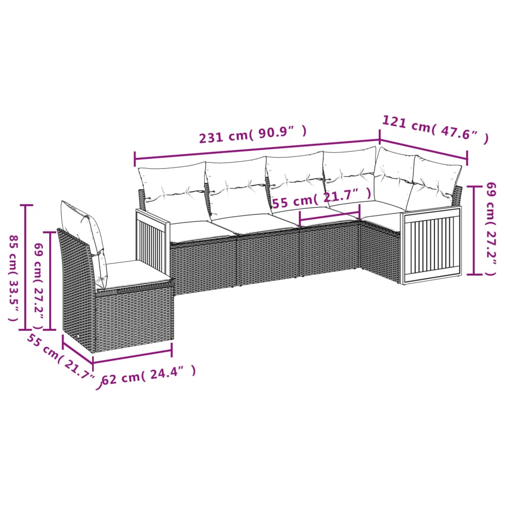 6 pcs conjunto de sofás p/ jardim com almofadões vime PE bege