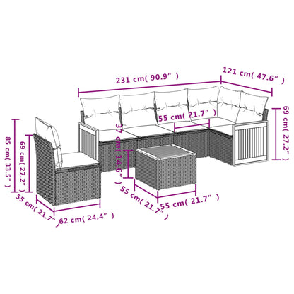 7 pcs conjunto de sofás p/ jardim c/ almofadões vime PE preto