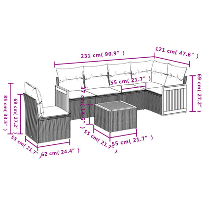 7 pcs conjunto de sofás p/ jardim com almofadões vime PE bege