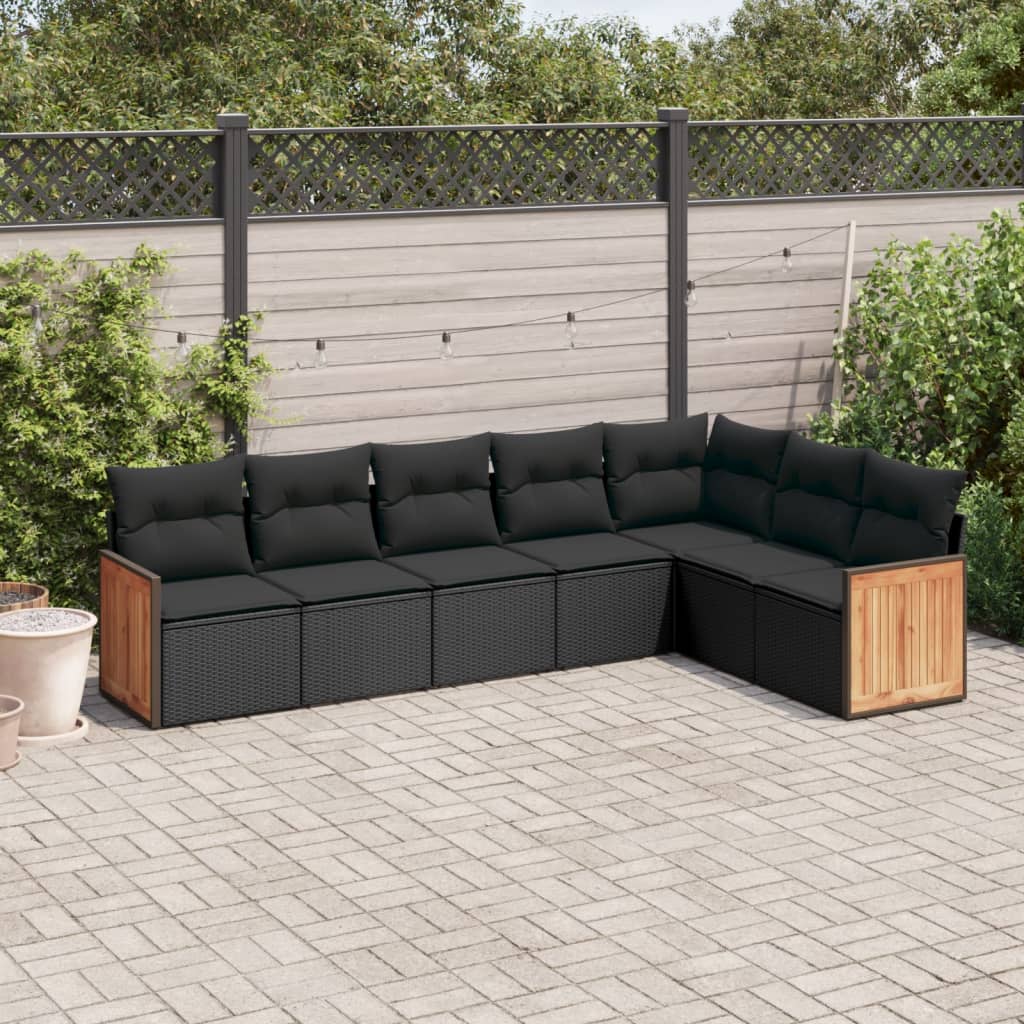 7 pcs conjunto de sofás p/ jardim c/ almofadões vime PE preto