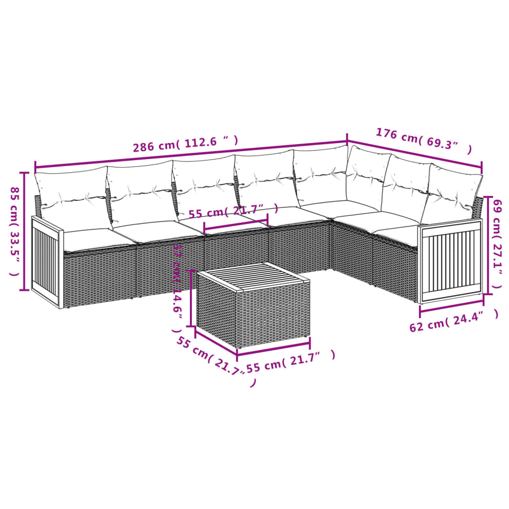 8 pcs conjunto sofás de jardim com almofadões vime PE preto