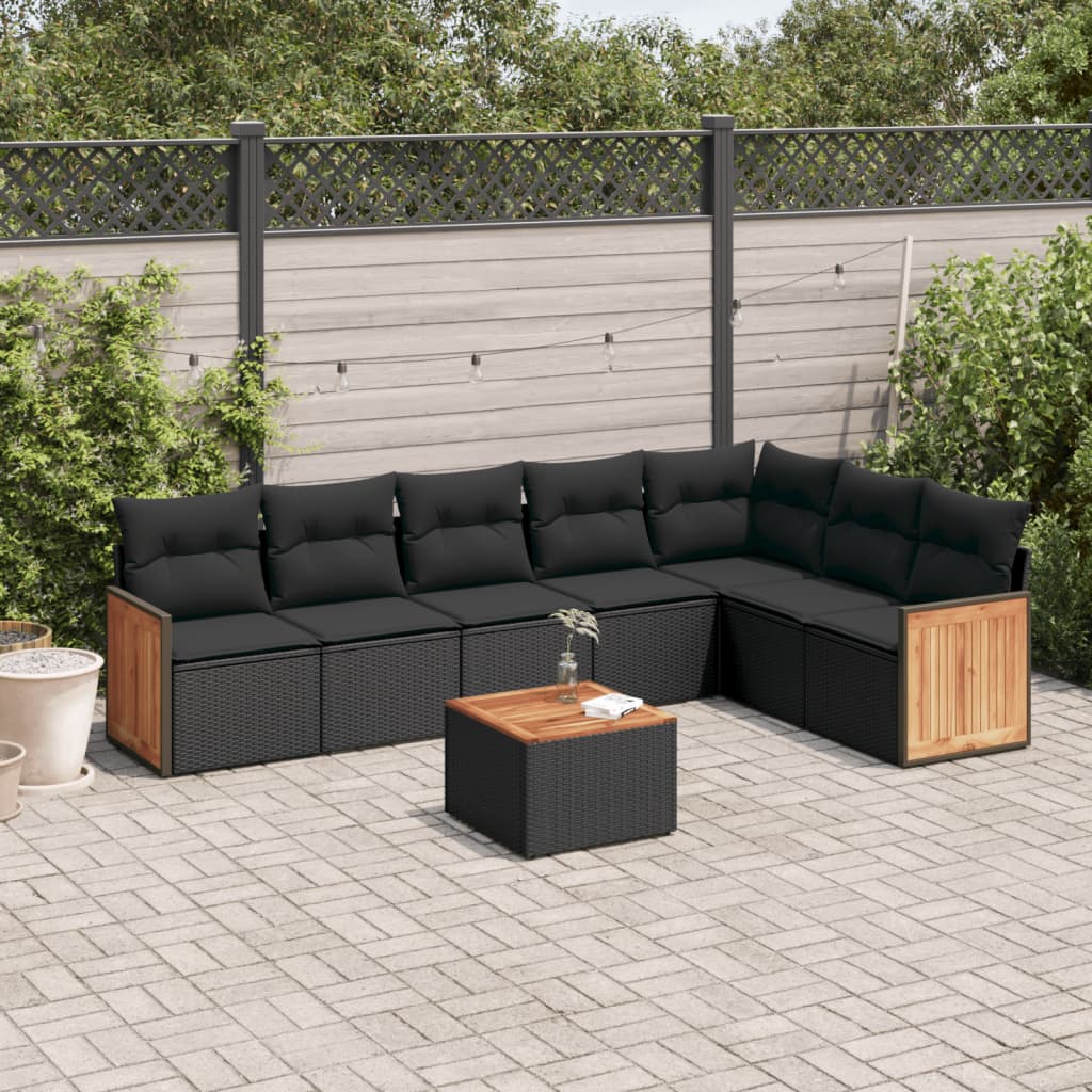 8 pcs conjunto sofás de jardim com almofadões vime PE preto