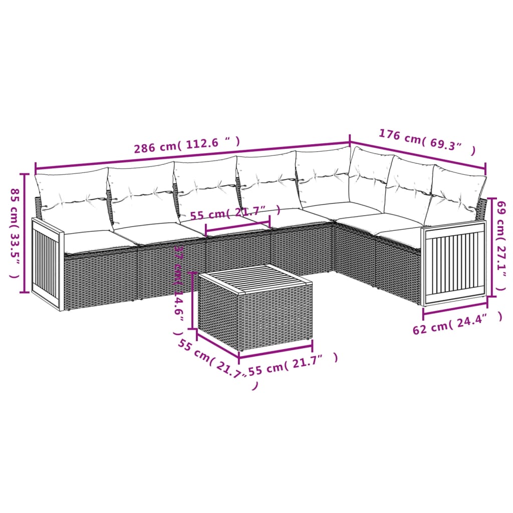 8 pcs conjunto sofás de jardim com almofadões vime PE preto