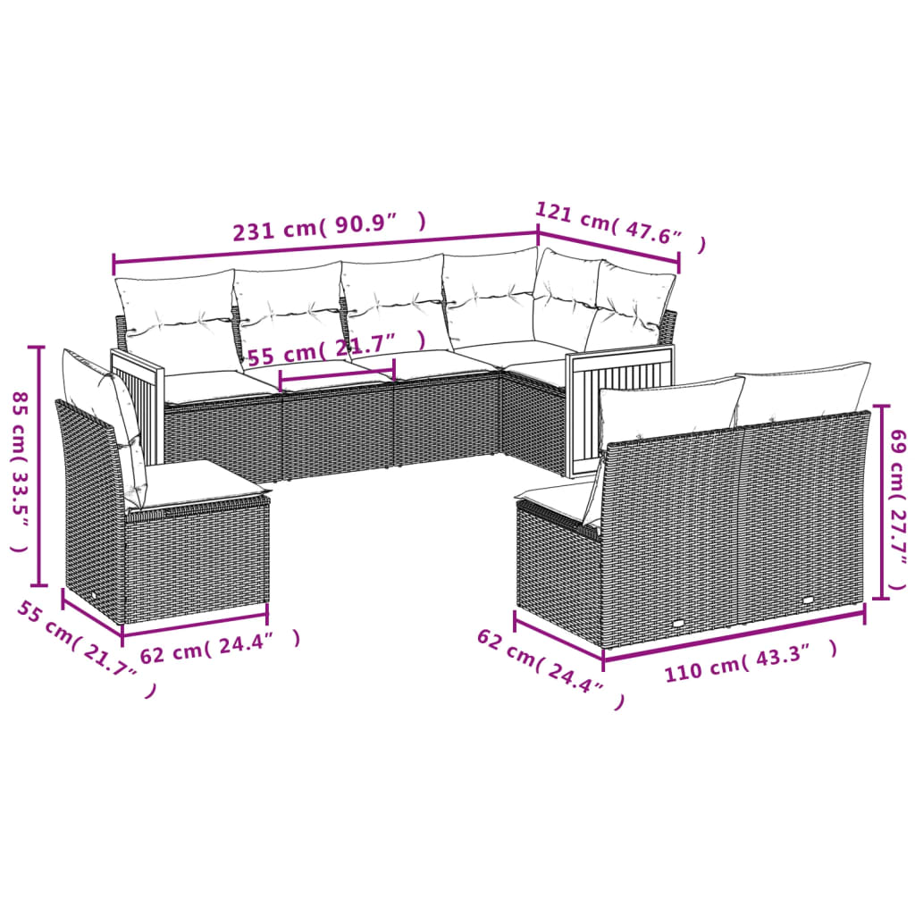 8 pcs conjunto de sofás p/ jardim com almofadões vime PE bege