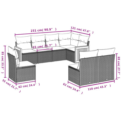 8 pcs conjunto de sofás p/ jardim com almofadões vime PE bege