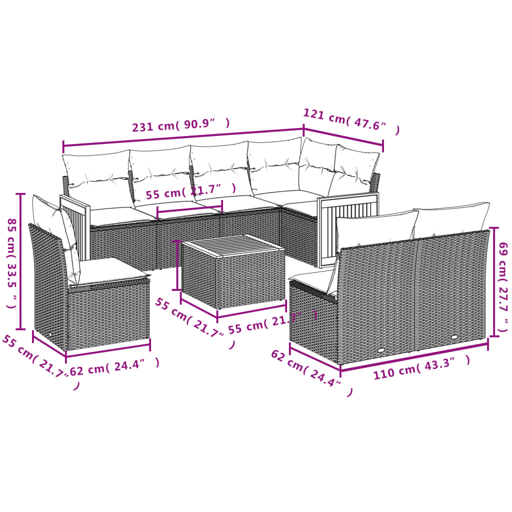 9 pcs conjunto de sofás p/ jardim com almofadões vime PE bege