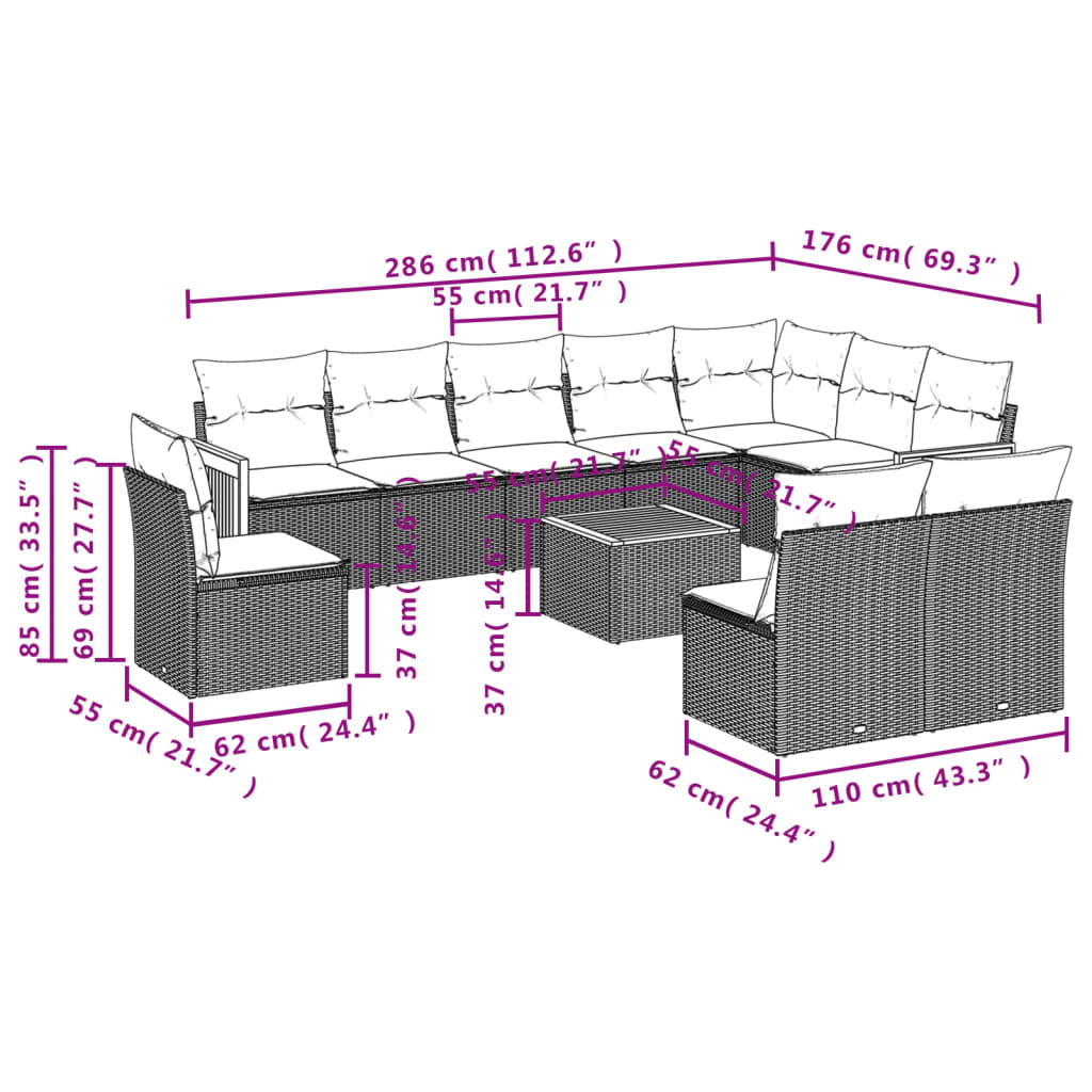 11 pcs conjunto sofás de jardim c/ almofadões vime PE bege