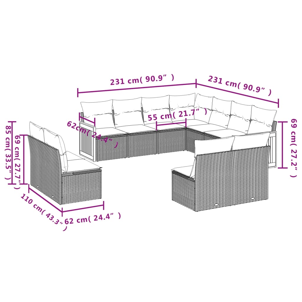 11 pcs conjunto sofás de jardim c/ almofadões vime PE preto