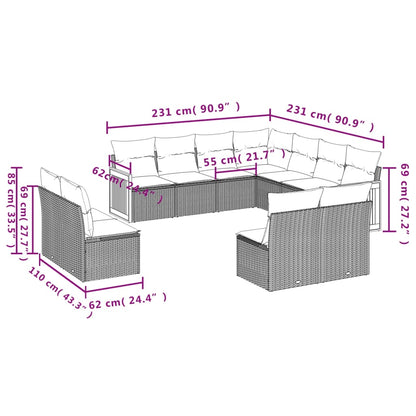 11 pcs conjunto sofás de jardim c/ almofadões vime PE preto