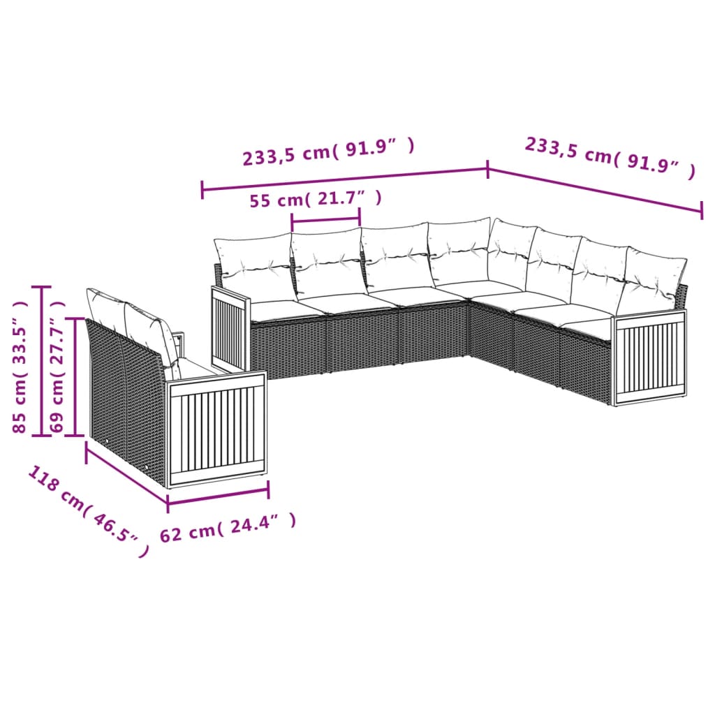 9 pcs conjunto de sofás p/ jardim c/ almofadões vime PE preto