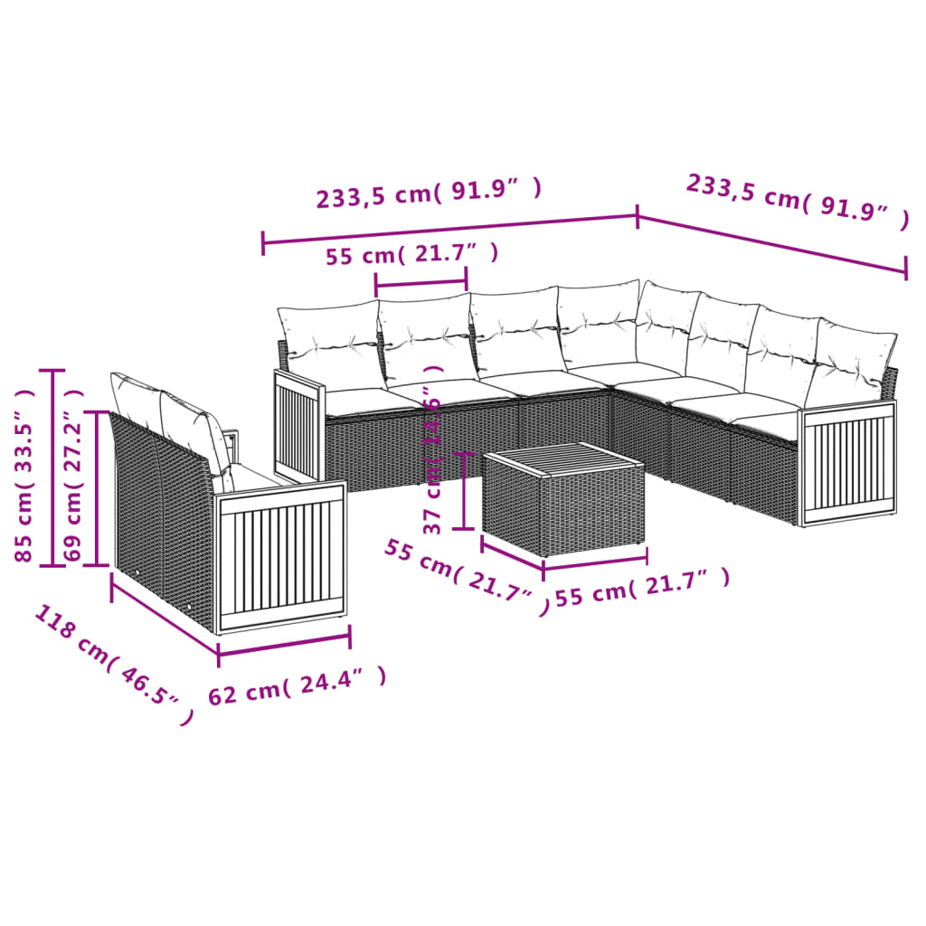 10 pcs conjunto sofás de jardim c/ almofadões vime PE cinzento