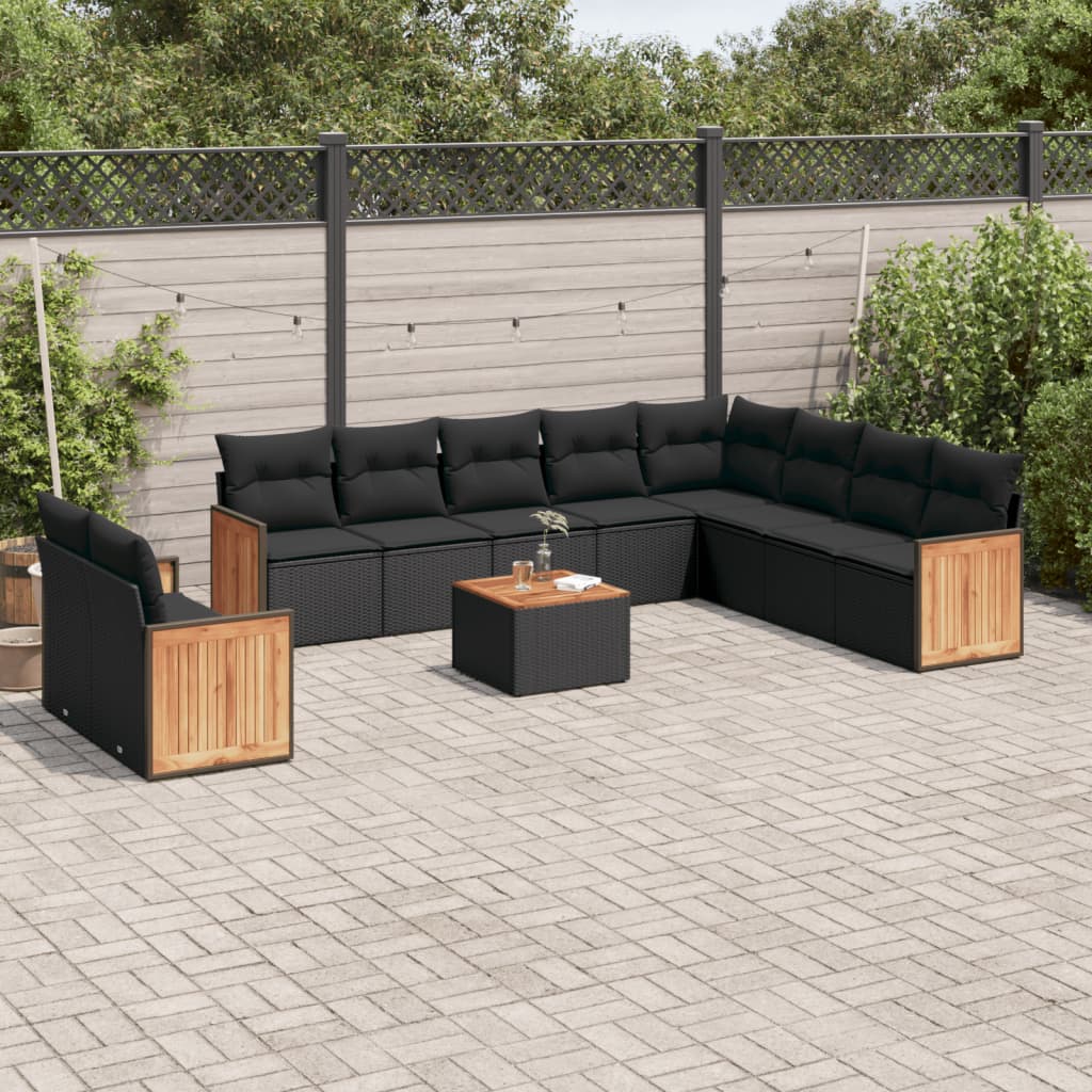 11 pcs conjunto sofás de jardim c/ almofadões vime PE preto