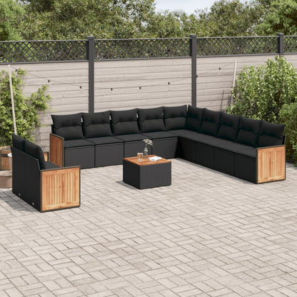 12 pcs conjunto de sofás de jardim c/ almofadões vime PE preto