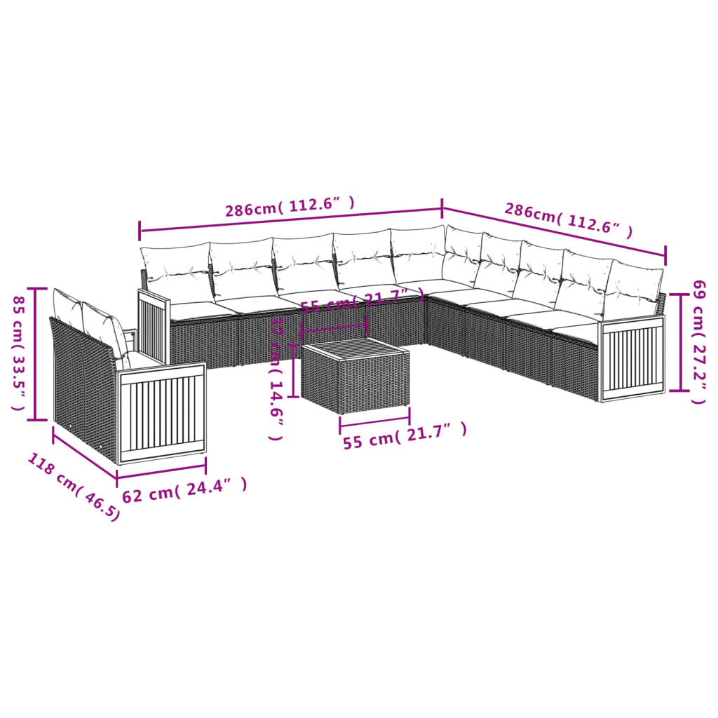 12 pcs conjunto de sofás de jardim c/ almofadões vime PE preto