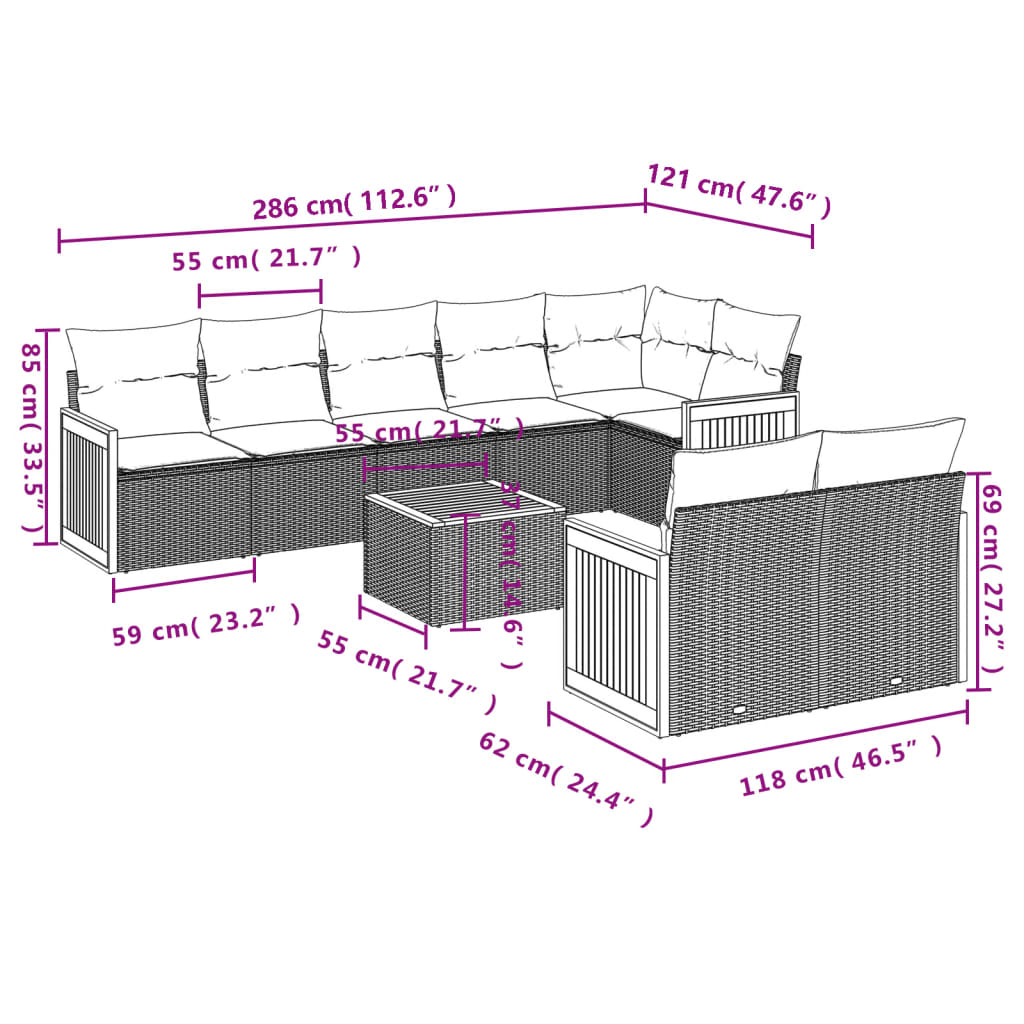 9 pcs conjunto de sofás p/ jardim c/ almofadões vime PE preto