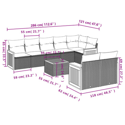 9 pcs conjunto de sofás p/ jardim com almofadões vime PE bege