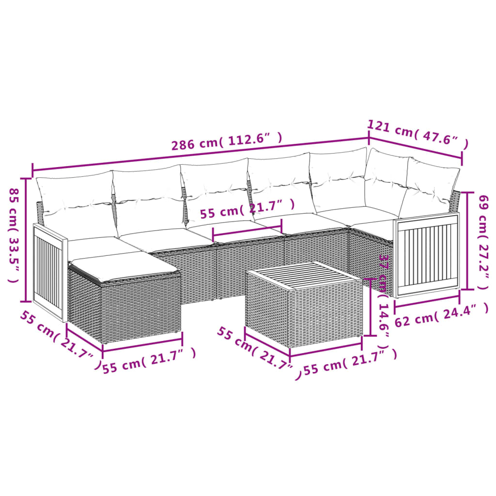 8 pcs conjunto sofás de jardim com almofadões vime PE preto