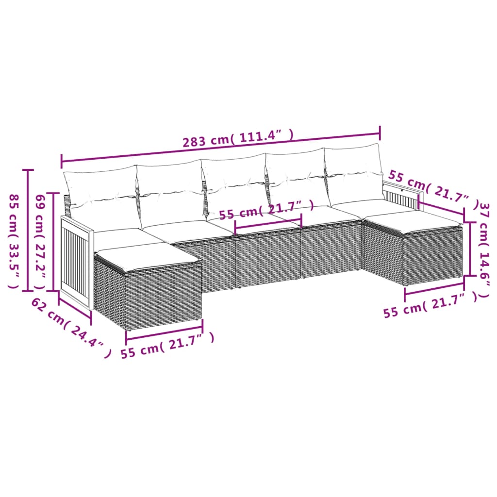 7 pcs conjunto de sofás p/ jardim c/ almofadões vime PE preto