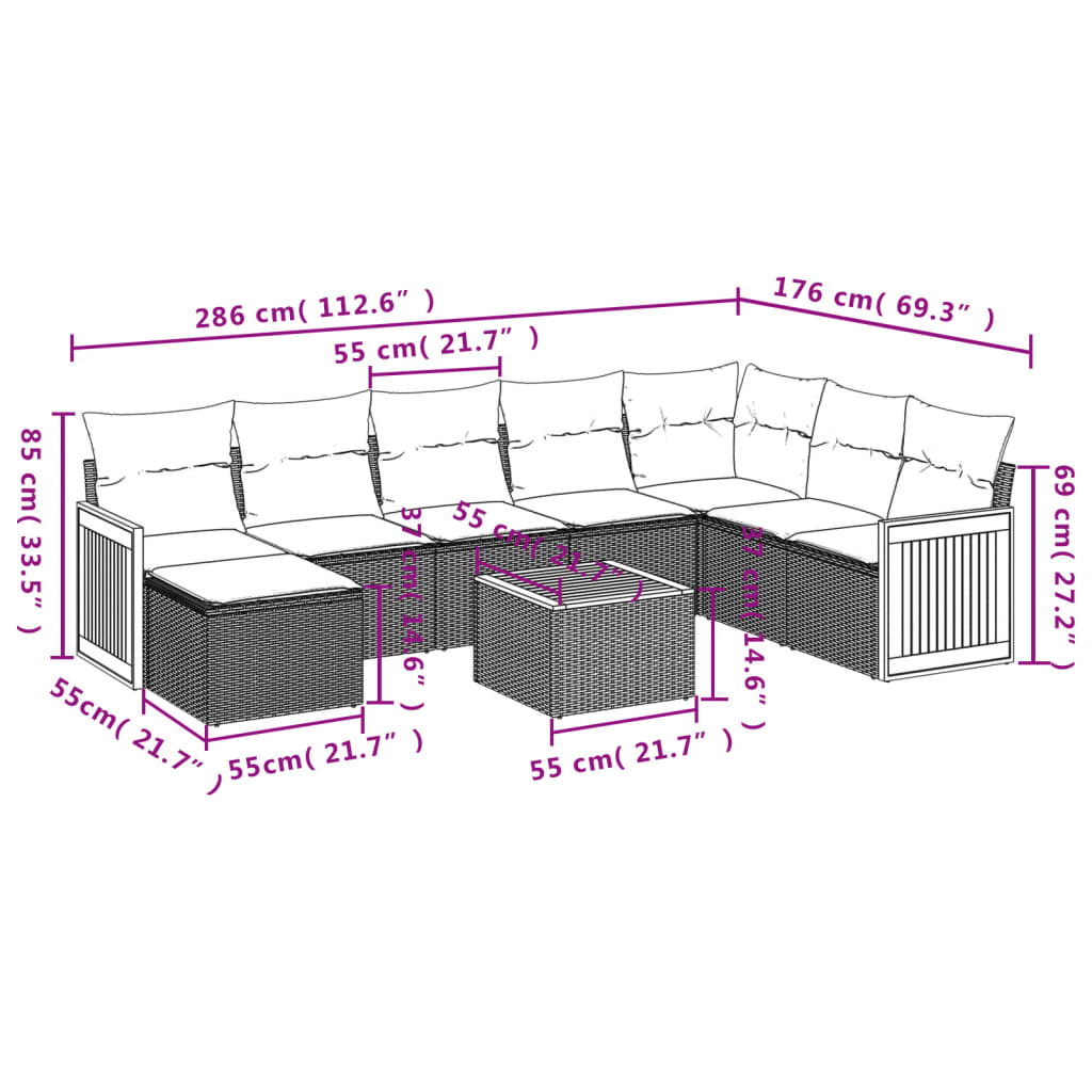 9 pcs conjunto de sofás p/ jardim c/ almofadões vime PE preto