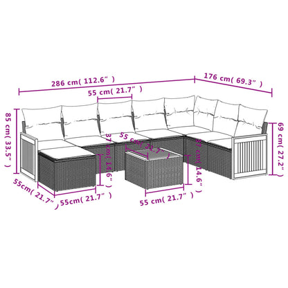 9 pcs conjunto de sofás p/ jardim c/ almofadões vime PE preto