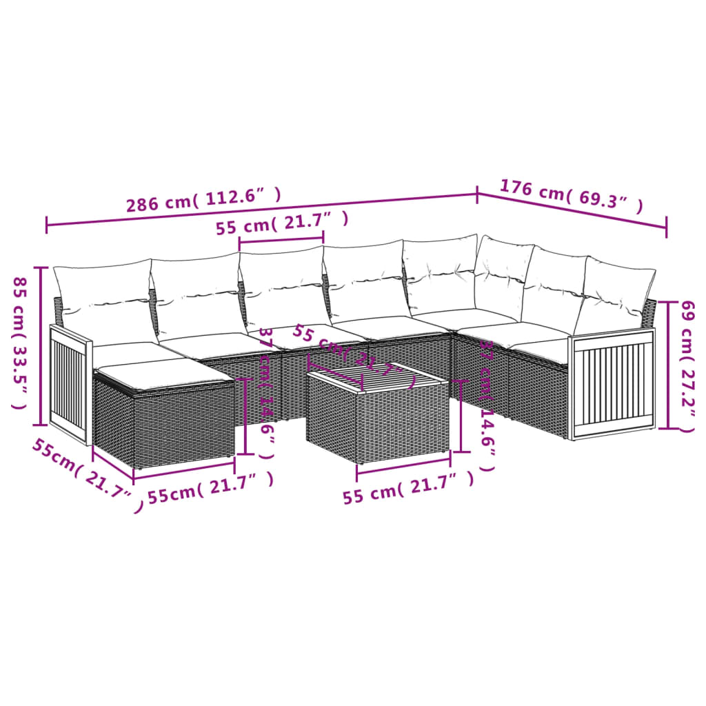 9 pcs conjunto de sofás p/ jardim com almofadões vime PE bege