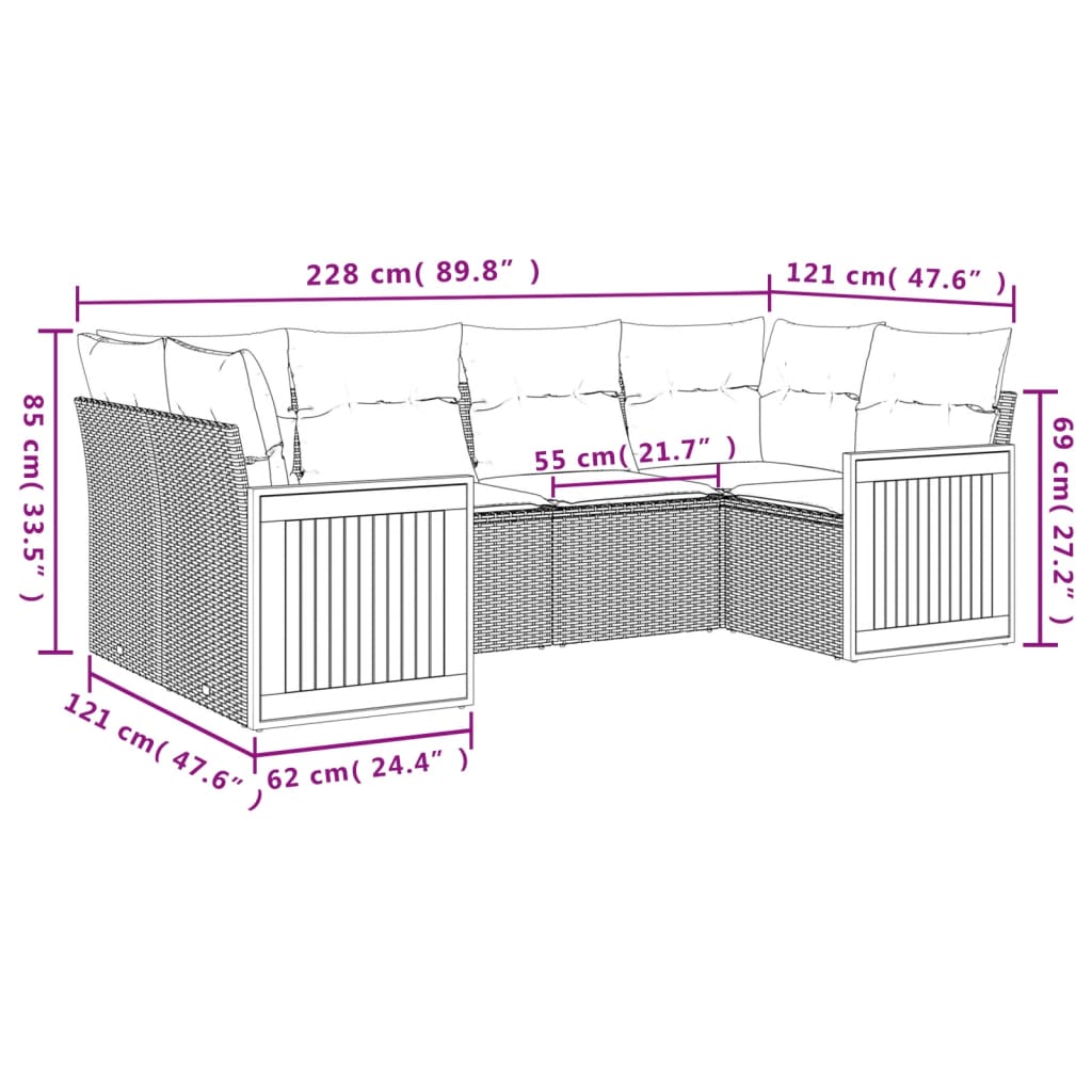 6 pcs conjunto sofás de jardim c/ almofadões vime PE preto