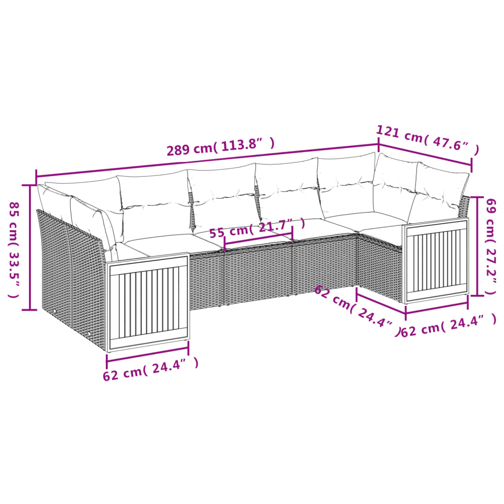 7 pcs conjunto de sofás p/ jardim c/ almofadões vime PE preto