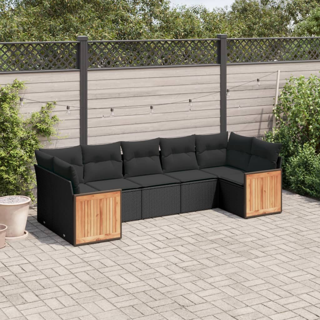 7 pcs conjunto de sofás p/ jardim c/ almofadões vime PE preto