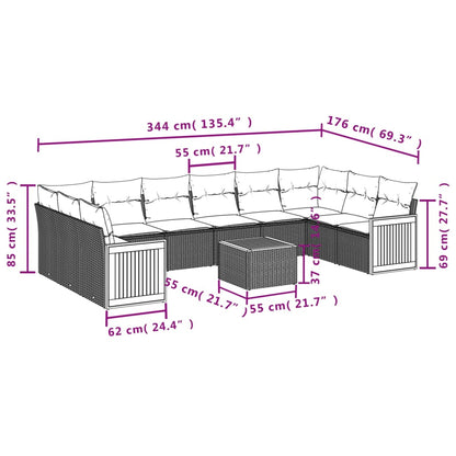 11 pcs conjunto sofás de jardim c/ almofadões vime PE bege