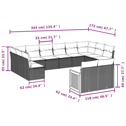 12 pcs conjunto de sofás de jardim c/ almofadões vime PE preto