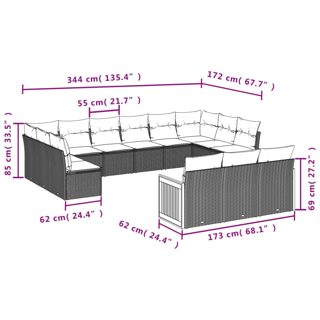 15 pcs conjunto de sofás p/jardim com almofadões vime PE preto