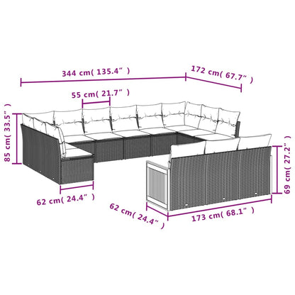 15 pcs conjunto de sofás p/jardim com almofadões vime PE preto