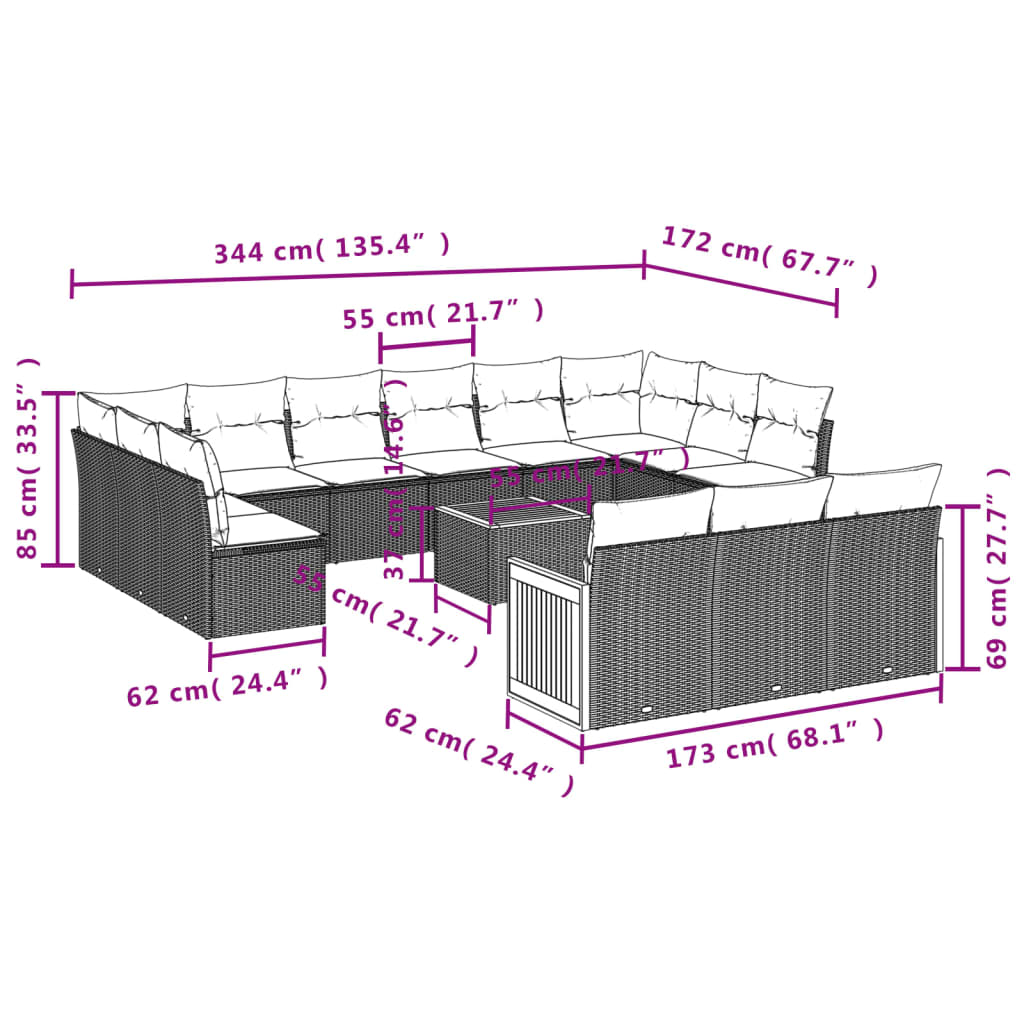 14 pcs conjunto de sofás p/ jardim c/ almofadões vime PE preto