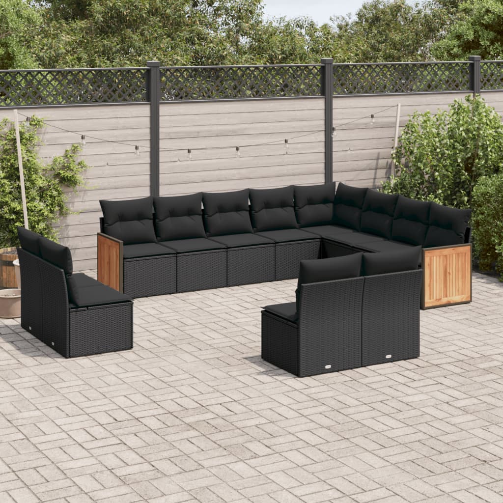 12 pcs conjunto de sofás de jardim c/ almofadões vime PE preto