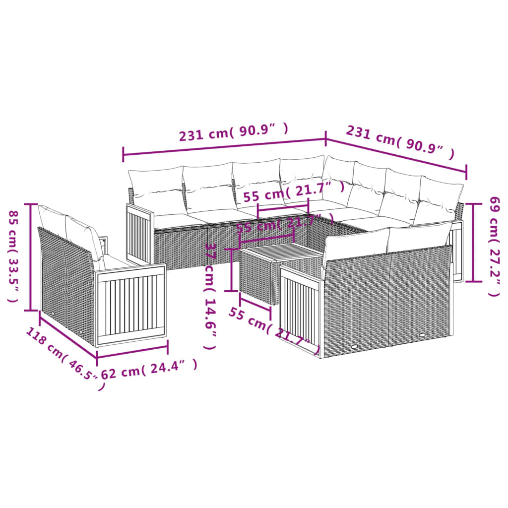 12 pcs conjunto de sofás de jardim c/ almofadões vime PE preto