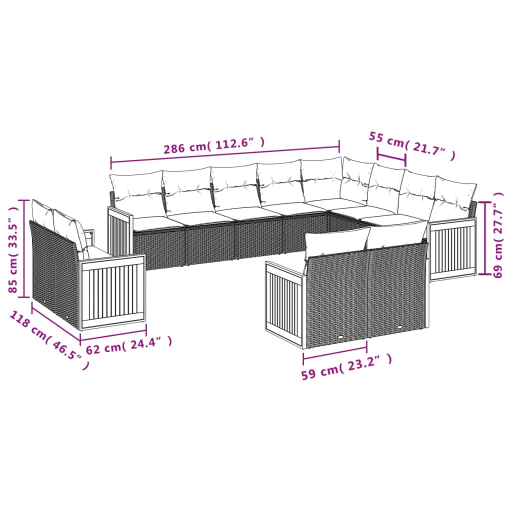 12 pcs conjunto de sofás de jardim c/ almofadões vime PE preto