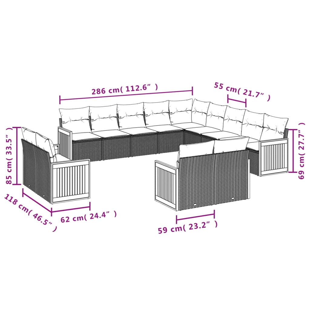 13 pcs conjunto de sofás p/ jardim com almofadões vime PE bege